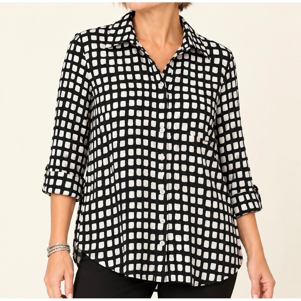 Chicos Black White Geometric Square Print Button Down Shirt Size 3.5 US 16